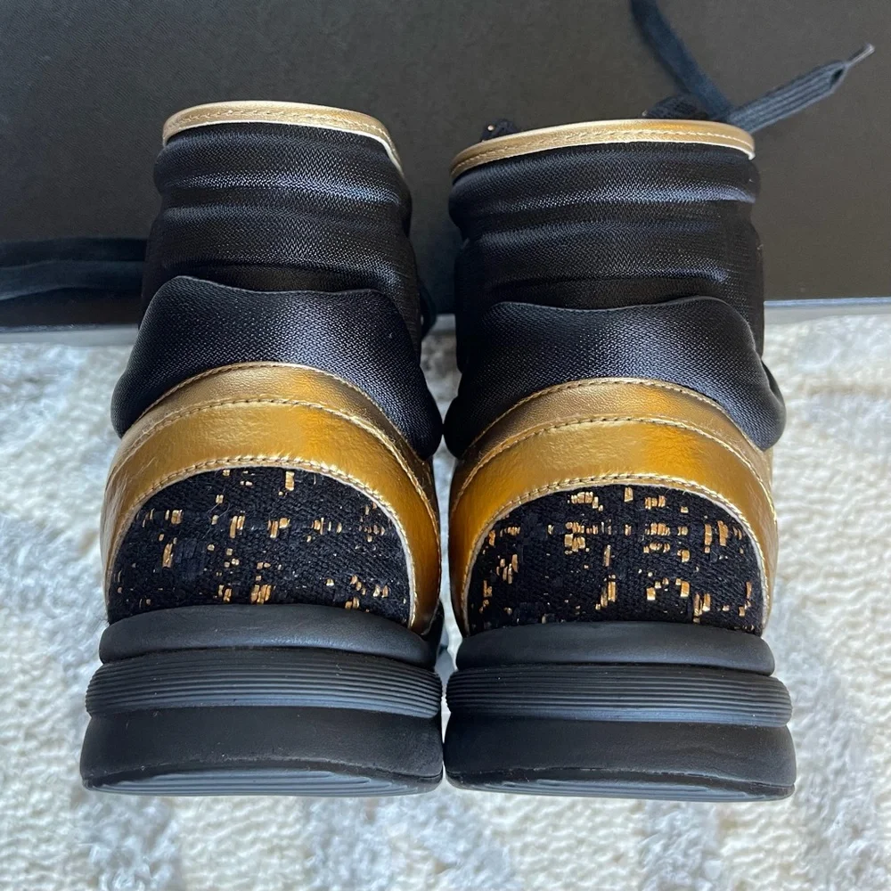 Chanel High Top Sneakers 19A Metiers d'Art Gold Metallic & Black Tweed SZ 39